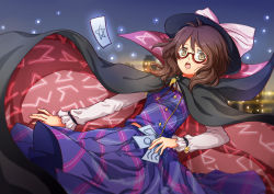 Rule 34 | 1girl, bell, bow, bracelet, brown eyes, brown hair, cape, card, city, city lights, cityscape, clothes writing, glasses, gradient hair, hat, hat bow, highres, jewelry, light trail, long skirt, long sleeves, looking at viewer, multicolored hair, night, night sky, open mouth, plaid, plaid skirt, plaid vest, purple hair, quimbaya airplane, red-framed eyewear, round teeth, runes, semi-rimless eyewear, short hair, skirt, sky, solo, star (sky), suo niao, teeth, tongue, touhou, under-rim eyewear, usami sumireko, vest, zener card