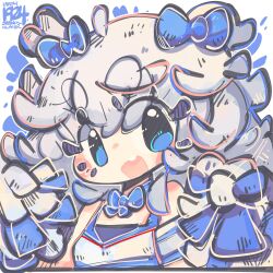 Rule 34 | 1girl, :d, absurdres, blue bow, blue bowtie, blue eyes, blue ribbon, blush stickers, bow, bowtie, breasts, cheerleader, chibi, crop top, goddess of victory: nikke, hair ribbon, highres, jrpencil, long hair, official alternate costume, open mouth, poli (cheer up police) (nikke), poli (nikke), pom pom (cheerleading), ribbon, short twintails, sidelocks, small breasts, smile, solo, sports bra, twintails, very long hair, wavy hair, white hair