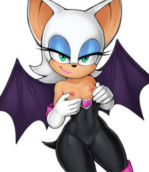 Rule 34 | 1girl, alternate breast size, animal ears, animal nose, bare shoulders, bat ears, bat wings, black bodysuit, blue eyes, bodysuit, breasts, breasts out, cameltoe, cleft of venus, closed mouth, collarbone, cowboy shot, elbow gloves, eyelashes, eyeliner, feet out of frame, female focus, furry, furry female, gloves, half-closed eyes, hand on own hip, hands on own chest, heart, highres, lips, lipstick, loodncrood, looking down, makeup, nipples, rouge the bat, simple background, skin tight, small breasts, snout, solo, sonic (series), standing, tail, thighs, white background, white gloves, wings