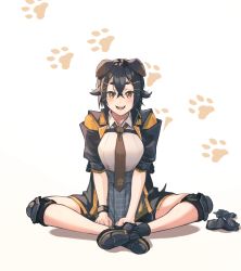 Rule 34 | 1girl, :d, absurdres, animal ears, arknights, ayatama, black footwear, black hair, black jacket, breasts, brown eyes, brown necktie, commentary request, dog ears, hair between eyes, hair ornament, hairclip, highres, indian style, jacket, jackie (arknights), knee pads, looking at viewer, medium breasts, necktie, open clothes, open jacket, open mouth, partial commentary, paw print, shadow, shirt, shoes, short hair, short sleeves, simple background, sitting, smile, solo, white background, white shirt