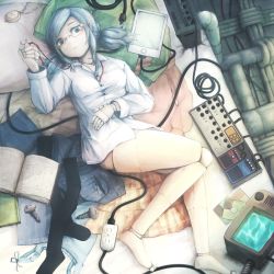 Rule 34 | 1girl, android, blue eyes, blue hair, book, cable, doll joints, glasses, hair ornament, hairclip, joints, lying, matching hair/eyes, open book, original, screw, short hair, solo, stopwatch, twintails, watch, yoss 3