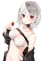 Rule 34 | 1girl, bare shoulders, belt, black choker, black jacket, bra, breasts, choker, cleavage, collarbone, food, fruit, highres, holding, jacket, long sleeves, looking at viewer, medium breasts, navel, off shoulder, open clothes, open jacket, original, parted lips, red eyes, short hair, simple background, solo, spaghetti strap, stomach, strawberry, string bra, underwear, upper body, white background, white bra, white hair, yon (letter)
