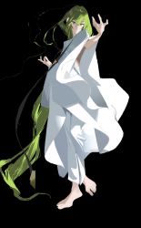Rule 34 | 1other, absurdly long hair, androgynous, barefoot, black background, clothing cutout, enkidu (fate), fate/strange fake, fate (series), full body, green hair, hair between eyes, hands up, highres, horikwawataru, long hair, looking at viewer, messy hair, orange eyes, pants, parted hair, parted lips, poncho, side cutout, simple background, solo, standing, standing on one leg, toenails, toes, very long hair, white pants