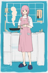 Rule 34 | 1girl, alternate costume, animal slippers, apron, blue background, blue eyes, blue footwear, border, chopsticks, cooking, counter, frying pan, full body, hair over shoulder, highres, holding, holding chopsticks, holding frying pan, isshiki (ffmania7), kaf (kamitsubaki studio), kamitsubaki studio, laplace (kamitsubaki studio), long hair, looking at viewer, low twintails, multicolored eyes, open mouth, pink apron, pink hair, shirt, short sleeves, signature, sketch, slippers, smile, solo, standing, steam, t-shirt, twintails, virtual youtuber, white border, white shirt, yellow pupils