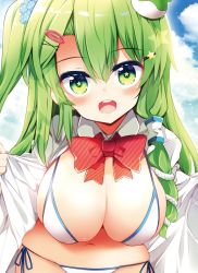 Rule 34 | 1girl, alternate hairstyle, bikini, blue sky, blush, bow, bowtie, breasts, cloud, commentary request, day, frog hair ornament, green eyes, green hair, hair between eyes, hair ornament, hair tubes, hairclip, highres, kochiya sanae, large breasts, leaning forward, long hair, long sleeves, looking at viewer, maturiuta sorato, navel, one side up, open clothes, open mouth, open shirt, outdoors, red bow, red bowtie, shirt, side-tie bikini bottom, sidelocks, sky, smile, snake hair ornament, solo, sparkle, standing, star-shaped pupils, star (symbol), star hair ornament, stomach, swimsuit, symbol-shaped pupils, thighs, touhou, upper body, very long hair, white bikini, white shirt