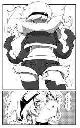 Rule 34 | !, ..., 1girl, 1other, :t, absurdres, ass, blush, border, cropped jacket, embarrassed, greyscale, hand under clothes, hands up, highres, long sleeves, looking at viewer, looking back, monochrome, niwamaru (niwarhythm), niwarhythm, original, pout, pov, pov hands, short shorts, shorts, spoken ellipsis, spoken exclamation mark, standing, thighhighs, trembling, white border