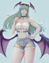 Rule 34 | 1girl, alternate costume, aqua background, bat wings, breasts, capcom, choker, cleavage, covered navel, cowboy shot, demon girl, denim, denim shorts, eyewear on head, fingernails, green hair, gucci, hand on own hip, head wings, highres, kumanz, large breasts, long hair, looking at viewer, low wings, morrigan aensland, nail polish, parted lips, print shirt, purple nails, sharp fingernails, shirt, shirt tucked in, shorts, signature, simple background, sleeveless, solo, sunglasses, sunglasses on head, tank top, vampire (game), white shirt, wings, yellow eyes