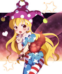 Rule 34 | 1girl, american flag dress, american flag legwear, blonde hair, blush, brown eyes, clownpiece, fairy wings, gradient background, hat, heart, jester cap, long hair, looking at viewer, open mouth, pantyhose, print pantyhose, short sleeves, smile, solo, star (symbol), striped, touhou, ts1016, wings