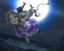 Rule 34 | 1girl, :d, belt, blonde hair, blue eyes, bow, brown hair, chain, female focus, flying, full moon, hair bow, horn ornament, horn ribbon, horns, ibuki suika, kuro oolong, landscape, long hair, moon, night, night sky, open mouth, outstretched arms, ribbon, skirt, sky, sleeveless, smile, solo, spread arms, touhou, village, wrist cuffs