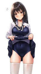 Rule 34 | 1girl, angry, blue skirt, blush, bow, bowtie, breasts, brown eyes, brown hair, collarbone, highres, large breasts, lifted by self, long hair, looking at viewer, open clothes, open shirt, original, pleated skirt, school swimsuit, shirt, simple background, skirt, solo, standing, swimsuit, swimsuit under clothes, thighhighs, uniform, white background, white shirt, white thighhighs, yukemuriganmo, zettai ryouiki