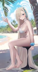 Rule 34 | 1girl, absurdres, alternate costume, asuna (blue archive), bare shoulders, barefoot, beach, bikini, blue archive, blue eyes, blue ribbon, blush, breasts, choker, cleavage, grin, hair over one eye, hair ribbon, halo, highres, large breasts, light brown hair, long hair, looking at viewer, navel, palm tree, ribbon, shore, sideboob, sitting, smile, solo, stool, swimsuit, tio (005), tree, underboob, very long hair, white bikini
