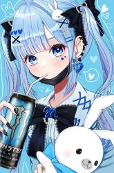 Rule 34 | 1girl, alternate hairstyle, blue eyes, blue hair, blunt bangs, blush, brooch, can, collared shirt, commentary request, copyright name, cross-laced collar, drink, drinking, drinking straw, ear piercing, earrings, eyebrows hidden by hair, facial mark, gem, hair ornament, hair ribbon, hairclip, hatsune miku, heart, heart earrings, heart facial mark, heart hair ornament, highres, holding, holding drink, holding stuffed toy, initial, jewelry, lace ribbon, long sleeves, looking at viewer, mask, mofmama, monster energy, mouth mask, multiple earrings, nail art, nail polish, neck ribbon, pearl (gemstone), piercing, rabbit hair ornament, rabbit yukine, ribbon, shirt, snowflake hair ornament, solo, spoken heart, stuffed animal, stuffed rabbit, stuffed toy, twintails, vocaloid, x hair ornament, yuki miku