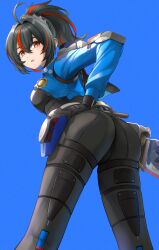 Rule 34 | 1girl, black gloves, black hair, black pants, blue background, blue jacket, breasts, feet out of frame, from behind, gloves, gun, hair between eyes, handlebar, high-waist pants, highres, holding, holding gun, holding weapon, holster, jacket, large breasts, metal hairband, multicolored hair, open mouth, pants, police, police badge, police uniform, policewoman, ponytail, red eyes, red hair, ruraji, shoulder holster, sidelocks, simple background, solo, streaked hair, tight clothes, tight pants, weapon, zenless zone zero, zhu yuan