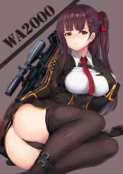 Rule 34 | 1girl, :&lt;, ass, bad id, bad pixiv id, beluga dolphin, black panties, black pantyhose, blazer, blush, braid, breasts, brown hair, bullpup, character name, clothes pull, commentary, framed breasts, french braid, girls&#039; frontline, gloves, gun, hair ribbon, half updo, hand on own ass, hand on own chest, head tilt, highres, jacket, large breasts, leg strap, long hair, looking at viewer, lying, necktie, on side, one side up, panties, pantyhose, pantyhose pull, pelvic curtain, purple background, purple hair, red eyes, red necktie, red ribbon, ribbon, rifle, shirt, sidelocks, simple background, skirt, sniper rifle, solo, thighband pantyhose, thighs, underwear, very long hair, wa2000 (girls&#039; frontline), walther, walther wa 2000, weapon