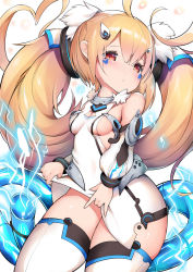 Rule 34 | 1girl, :o, ahoge, azur lane, bare shoulders, blonde hair, blush, breasts, character name, cisyo, commentary request, detached sleeves, dress, eldridge (azur lane), electricity, hair between eyes, hair ornament, highres, long hair, long sleeves, looking at viewer, medium breasts, parted lips, puffy long sleeves, puffy sleeves, red eyes, sidelocks, simple background, sleeveless, sleeveless dress, solo, tail, thick thighs, thighhighs, thighs, twintails, very long hair, white background, white dress, white thighhighs