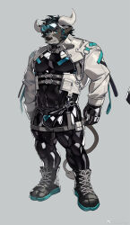 Rule 34 | 1boy, animal ears, bara, belt, belt collar, black bodysuit, bodysuit, boots, braid, bulge, chain, collar, covered abs, covered navel, covered penis, cow ears, cow horns, cross-laced footwear, facial hair, full body, furry, furry male, gloves, goatee, grey fur, highres, horns, large pectorals, latex, latex bodysuit, latex gloves, looking at viewer, male focus, minotaur, multiple belts, muscular, muscular male, original, pectorals, poten (tenkuyaki), shiny clothes, short hair, single braid, skin tight, solo, standing, strongman waist, thick eyebrows, thick thighs, thighs, tusks