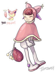 Rule 34 | 1girl, capelet, closed eyes, closed mouth, commentary, creatures (company), full body, game freak, gen 3 pokemon, gloves, happy, long hair, nintendo, pink capelet, pink hair, pink hood, pokemon, pokemon (creature), reference inset, signature, simple background, skitty, tamtamdi, translated, very long hair, white background, white footwear, white gloves, white romper