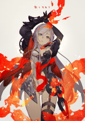 Rule 34 | 1girl, armor, arms up, aura, black gloves, cameltoe, cape, chain, choker, gloves, grey eyes, highres, ji no, legband, long hair, looking at viewer, official art, open mouth, panties, parted lips, simple background, sinoalice, snow white (sinoalice), solo, torn clothes, underwear, white background, white hair