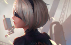 Rule 34 | 1girl, artist name, blindfold, blurry, closed mouth, covered eyes, crane (machine), depth of field, from side, hairband, koyorin, mole, mole under mouth, nier (series), nier:automata, pod (nier:automata), portrait, profile, robot, short hair, silver hair, stitches, upper body, 2b (nier:automata)