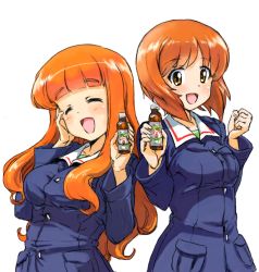 Rule 34 | 10s, 2girls, :d, blush, buttons, chikuwa (tks), girls und panzer, hand on own face, holding, long hair, long sleeves, multiple girls, nishizumi miho, open mouth, sailor collar, simple background, smile, takebe saori, white background