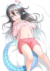 Rule 34 | 1girl, bed sheet, black hair, blue eyes, blush, breasts, clothes lift, commentary request, dragon girl, dragon horns, dragon tail, facial mark, fang, hair between eyes, horn ornament, horn ribbon, horns, kagarimachi konatsu, long hair, looking at viewer, lying, navel, on back, open mouth, original, pointy ears, ribbon, shirt lift, shorts, small breasts, solo, stomach, tail, underboob