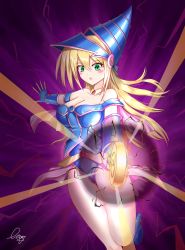 Rule 34 | 1girl, blonde hair, blue footwear, blue gloves, blush, boots, breasts, cleavage, dark magician girl, duel monster, fingerless gloves, gloves, green eyes, hat, highres, large breasts, long hair, magic, open mouth, signature, solo, wislley, wizard hat, yu-gi-oh!, yu-gi-oh! duel monsters