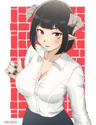 Rule 34 | 1girl, black skirt, blush, breasts, cleavage, closed mouth, demon girl, demon horns, highres, hime-sama &quot;goumon&quot; no jikan desu, horns, large breasts, lipstick, looking at viewer, makeup, mashiroshiro, nail polish, partially unbuttoned, pointy ears, red eyes, shirt, short hair, simple background, skirt, slit pupils, smile, solo, torture tortura, upper body, white shirt