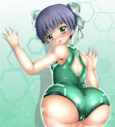 Rule 34 | 1girl, against wall, artist request, ass, back, bare shoulders, bent over, blue hair, blush, breasts, cameltoe, cave (developer), dodonpachi, dodonpachi saidaioujou, from behind, green eyes, hair ornament, hikari (saidaioujou), huge ass, leaning, shiny clothes, shiny skin, short hair, small breasts, solo, swimsuit