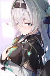 Rule 34 | 1girl, black jacket, blush, breasts, commentary, cropped jacket, english commentary, firefly (honkai: star rail), furizuu20, grey eyes, grey hair, hair ornament, hairband, highres, honkai: star rail, honkai (series), jacket, large breasts, long hair, long sleeves, looking at viewer, shirt, smile, solo, white shirt