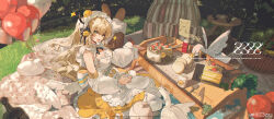 Rule 34 | 1girl, absurdres, apron, balloon, bird, black bow, blonde hair, blue eyes, blush, bow, cake, cake slice, commentary, detached sleeves, duck, food, frilled apron, frilled headwear, frills, hair bow, highres, long hair, looking at viewer, open mouth, original, outdoors, picnic, sitting, strawberry cake, symbol-only commentary, wariza, weibo logo, weibo watermark, z3zz4