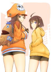 Rule 34 | 2girls, ahoge, arc system works, backpack, bag, bike shorts, brown eyes, brown hair, commentary request, crossover, fingerless gloves, from below, gloves, guilty gear, guilty gear strive, hands in pockets, hat, highres, hood, hoodie, linne, long hair, looking at viewer, looking back, may (guilty gear), multiple girls, orange hoodie, pirate hat, poncocchan, purple eyes, short hair, skindentation, skull and crossbones, smile, thighs, trait connection, under night in-birth, yellow hoodie