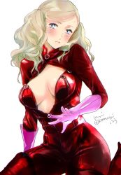 Rule 34 | 1girl, blonde hair, blue eyes, blush, bodysuit, breasts, breasts apart, cowboy shot, full-length zipper, gloves, head tilt, highres, long hair, looking at viewer, medium breasts, persona, persona 5, pink gloves, pink lips, red bodysuit, sitting, takamaki anne, twintails, twitter username, underboob, unzipping, white background, zipper