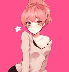 Rule 34 | 1girl, blush, breasts, closed mouth, grey sweater, highres, hona (pixiv7939518), idolmaster, idolmaster cinderella girls, jougasaki mika, long sleeves, looking at viewer, medium breasts, pink background, pink hair, ponytail, simple background, smile, solo, star (symbol), striped clothes, striped sweater, sweater, yellow eyes