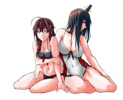 Rule 34 | 2girls, adapted costume, ahoge, arm support, bikini, black bikini, black hair, blue eyes, braid, breasts, brown hair, casual one-piece swimsuit, cleavage, covered navel, front-tie top, fusou (kancolle), hair flaps, hair ornament, hair over shoulder, highres, kantai collection, long hair, looking at viewer, looking to the side, medium breasts, multiple girls, navel, one-piece swimsuit, red eyes, remodel (kantai collection), shigure (kancolle), simple background, single braid, sitting, sozan, swimsuit, transparent background, white background, white one-piece swimsuit, yokozuwari