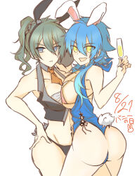 Rule 34 | 2girls, absurdres, akira (togainu no chi), animal ears, ass, bikini, breast press, breasts, bunny day, dramatical murder, drink, genderswap, genderswap (mtf), highres, holding, holding drink, holding tray, large breasts, multiple girls, navel piercing, nitro+ chiral, nknkknt, piercing, rabbit ears, rabbit tail, seragaki aoba, swimsuit, tail, togainu no chi, tray