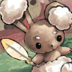 Rule 34 | black eyes, brown fur, buneary, closed mouth, commentary, creatures (company), english commentary, feathers, game freak, gen 4 pokemon, holding, holding feather, multicolored fur, nintendo, no humans, pokemon, pokemon (creature), rabbit, sailorclef, smile, solid circle eyes, solo, two-tone fur, white fur