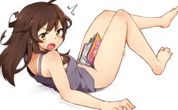 Rule 34 | &gt;:o, 10s, 1girl, :o, ^^^, ahoge, artist name, ashigara (kancolle), bare shoulders, barefoot, between legs, blush, body blush, book, bottomless, brown hair, eyebrows, kantai collection, long hair, looking at viewer, lying, on back, open book, open mouth, rimukoro, simple background, sleeveless, solo, surprised, sweatdrop, tank top, v-shaped eyebrows, white background, yellow eyes