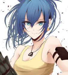 Rule 34 | 1girl, bare shoulders, blue eyes, blue hair, dog tags, earrings, gloves, jewelry, leona heidern, nanahoshi kou, ponytail, simple background, sleeveless, solo, tank top, the king of fighters, the king of fighters xv, triangle earrings, white background, yellow tank top