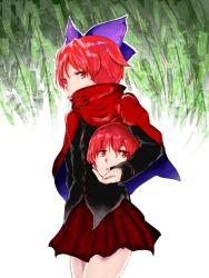 Rule 34 | 1girl, black shirt, cape, carrying, carrying under arm, commentary request, covered mouth, cowboy shot, disembodied head, hair ribbon, holding head, long sleeves, looking at viewer, miniskirt, parted lips, red cape, red eyes, red hair, red skirt, ribbon, sekibanki, shirt, short hair, simple background, skirt, solo, standing, tomori (tomori998), touhou, two-sided cape, two-sided fabric, untucked shirt, white background, willow