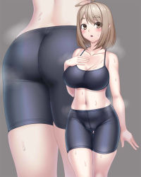 Rule 34 | 1girl, :o, ass, bare arms, bare shoulders, bike shorts, black shorts, black sports bra, blush, breasts, brown eyes, brown hair, chado maki, cleavage, collared shirt, cowboy shot, gluteal fold, hand on own chest, large breasts, multiple views, myouan, navel, open mouth, original, shirt, short hair, shorts, skindentation, sports bra, steaming body, stomach, sweat