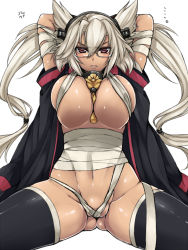 Rule 34 | 10s, 1girl, arms up, between breasts, black thighhighs, blonde hair, blush, breasts, budget sarashi, dark-skinned female, dark skin, glasses, hair over breasts, headgear, kantai collection, large breasts, long hair, looking at viewer, musashi (kancolle), navel, pointy hair, red eyes, sarashi, simple background, sitting, solo, takatsuki ichi, thighhighs, twintails, two side up, white background