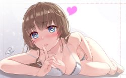 Rule 34 | 1girl, bare legs, barefoot, between legs, blue eyes, blush, bra, breasts, brown hair, collarbone, dotted line, finger to mouth, hand between legs, heart, heart-shaped pupils, highres, index finger raised, large breasts, lips, long hair, lying, nose blush, on stomach, original, panties, parted lips, shushing, signature, solo, symbol-shaped pupils, thighs, underwear, underwear only, wet.elephant, white bra, white panties