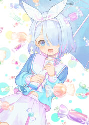 Rule 34 | 1girl, arona (blue archive), blue archive, blue eyes, blue hair, blue halo, blush, braid, candy, choker, colored inner hair, cowboy shot, food, hair over one eye, halo, highres, holding, holding umbrella, long sleeves, looking at viewer, multicolored hair, open mouth, original-orange-610917, pink hair, pleated skirt, sailor collar, short hair, single braid, skirt, smile, solo, umbrella, white choker, white sailor collar, white skirt