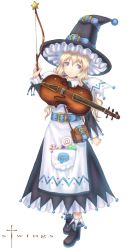 Rule 34 | 1girl, blonde hair, blue eyes, boots, candy, female focus, food, full body, hat, instrument, long hair, original, sabamu, solo, violin, white background, witch hat