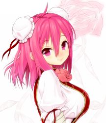Rule 34 | 1girl, asamura hiori, bandages, breasts, bun cover, double bun, female focus, flower, ibaraki kasen, impossible clothes, impossible shirt, large breasts, pink eyes, pink hair, rose, shirt, short hair, sideboob, sideways glance, smile, solo, touhou, upper body