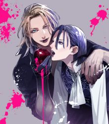Rule 34 | 2boys, arm around shoulder, ascot, black shirt, blood, blood on hands, blood splatter, blue eyes, blue hair, blue vest, colored blood, eyeshadow, fangs, food, fruit, grey background, grey eyeshadow, hair between eyes, hand on another&#039;s shoulder, heterochromia, hijirikawa masato, holding, holding food, holding fruit, jinguuji ren, lipstick, looking at viewer, makeup, male focus, medium hair, multiple boys, open clothes, open mouth, open shirt, orange hair, oreebis re, parted bangs, parted lips, pink blood, pink eyes, purple lips, shirt, short hair, simple background, sleeves rolled up, smile, upper body, uta no prince-sama, vampire, vest, white ascot, white shirt