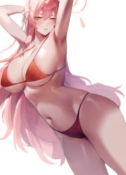 Rule 34 | 1girl, absurdres, ahoge, ass, bare arms, bare legs, bare shoulders, bikini, blue archive, blush, braid, breasts, cleavage, green eyes, halo, hanako (blue archive), highres, large breasts, long hair, navel, open mouth, pink hair, pink halo, red bikini, rororo, simple background, single braid, smile, solo, swimsuit, white background