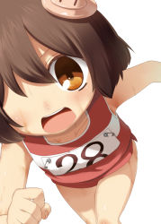 Rule 34 | 1girl, :d, brown eyes, brown hair, clothes pin, flat chest, gym uniform, hair ornament, hota, looking at viewer, lsd ~long slow distance~, one eye covered, open mouth, red shorts, red vest, round teeth, running, short hair, shorts, simple background, sleeveless, smile, solo, sweat, teeth, upper teeth only, vest, white background