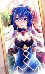 Rule 34 | 3girls, absurdres, animal ears, blue eyes, blue hair, blush, breasts, catria (fire emblem), cleavage, closed eyes, closed mouth, est (fire emblem), fake animal ears, fingerless gloves, fire emblem, fire emblem: mystery of the emblem, fire emblem heroes, flower, gloves, green eyes, green hair, hair flower, hair ornament, headband, highres, medium breasts, mirror, multiple girls, nintendo, open mouth, palla (fire emblem), pink hair, rabbit ears, reflection, ryo-suzuki, short hair, siblings, signature, sisters, smile, white gloves, white headband