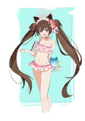 Rule 34 | 1girl, absurdres, akita-kun, animal ears, arm behind back, bikini, blue archive, blue background, blush, border, breasts, brown hair, choker, cleavage, collarbone, cropped legs, fake animal ears, fang, flower, food, frilled bikini, frills, hair flower, hair ornament, hair ribbon, highleg, highleg bikini, highres, holding, holding tray, kanzashi, long hair, looking at viewer, maid headdress, medium breasts, navel, official alternate costume, open mouth, pink bikini, pink choker, purple eyes, ribbon, shaved ice, shizuko (blue archive), shizuko (swimsuit) (blue archive), skin fang, skindentation, small breasts, solo, stomach, swimsuit, tray, twintails, very long hair, white border, white headdress